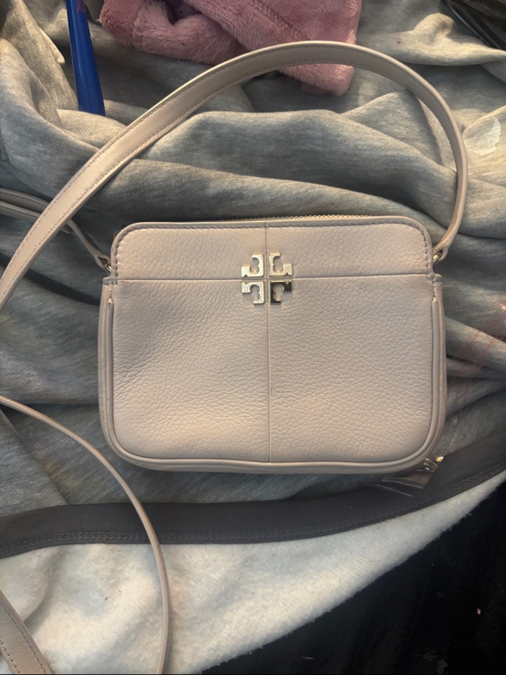 Tory Burch Light Beige Pebbled Leather Crossbody with Logo